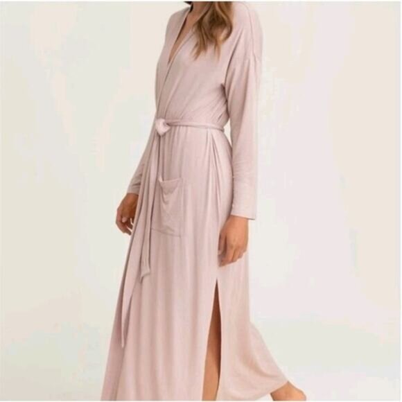 Barefoot Dreams Womens S/M Luxe Milk Jersey Robe Long Duster Dusty Rose Belted - Picture 1 of 11